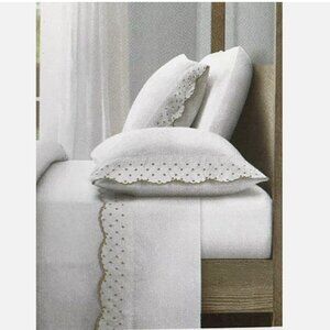 Shabby Chic White Cotton Enbroidered Scallop Dot Natural QUEEN Sheet Set 4pc